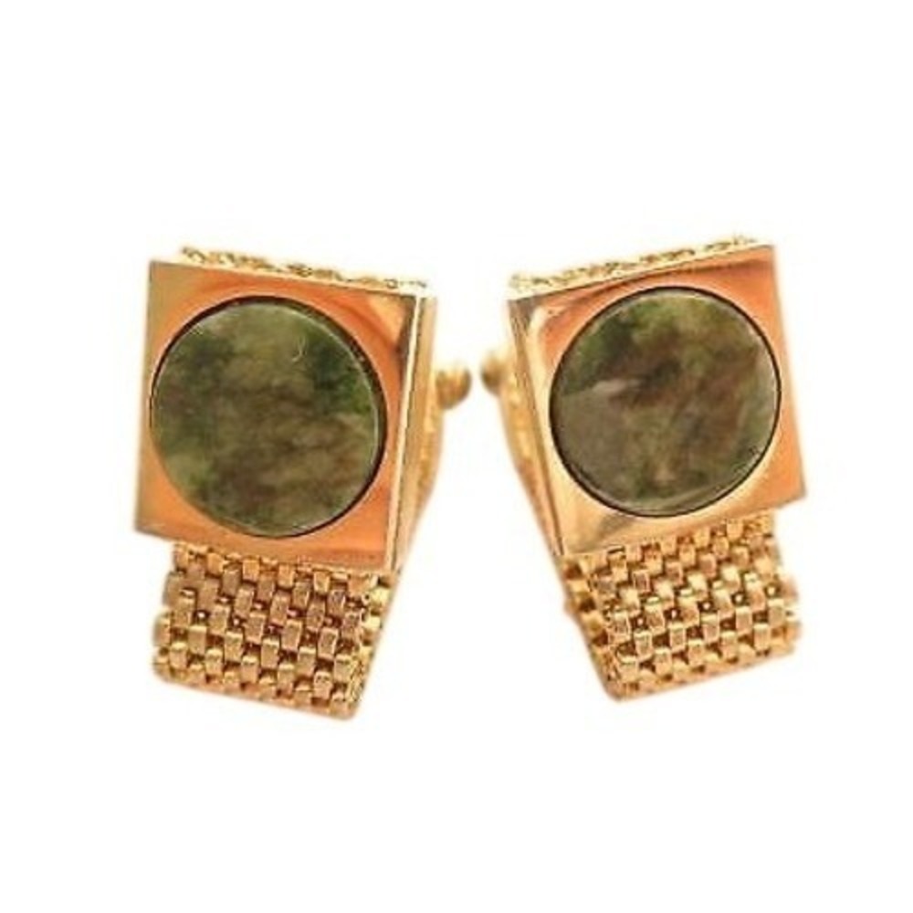 Vintage Green Jade Gemstone‎ Gold Plated Wrap Around Mesh Men's Cufflinks